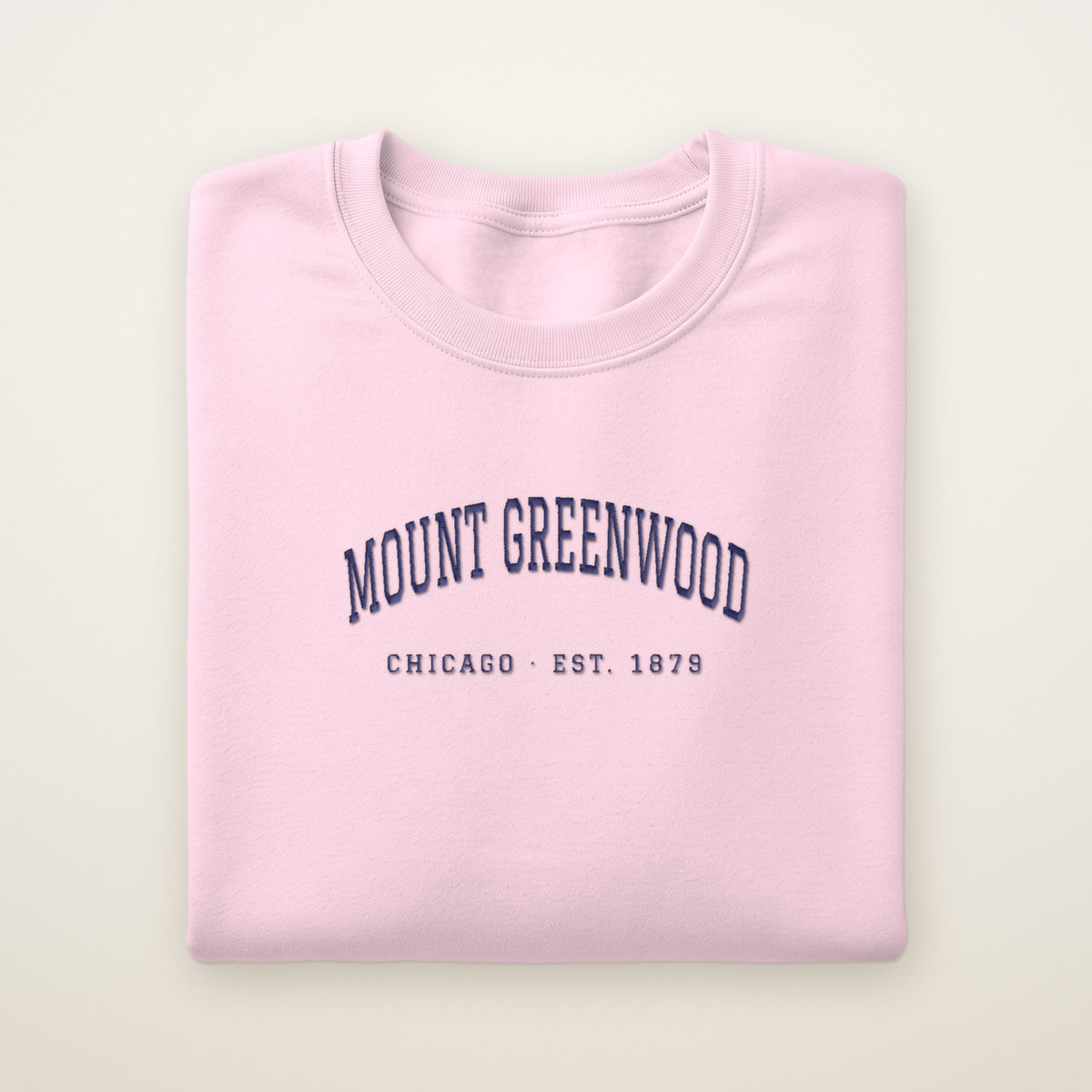 Mount Greenwood Chicago Embroidered Crewneck — Navy Thread on Light Pink