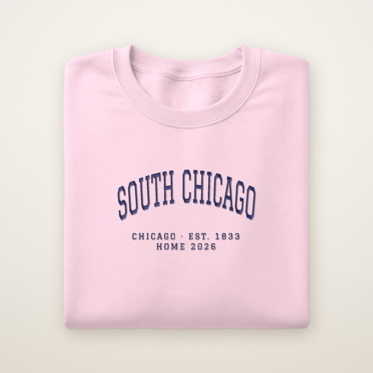 South Chicago Chicago Home 2026 Embroidered Crewneck — Navy Thread on Light Pink