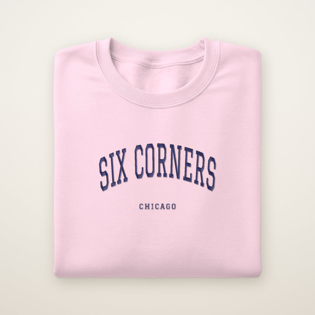 Six Corners Chicago Embroidered Crewneck — Navy Thread on Light Pink