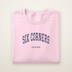 Six Corners Chicago Embroidered Crewneck — Navy Thread on Light Pink