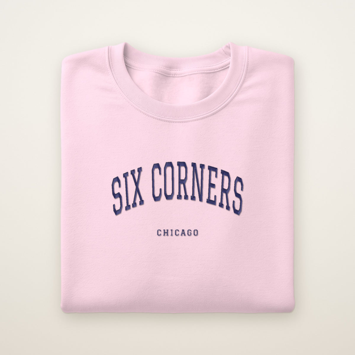 Six Corners Chicago Embroidered Crewneck — Navy Thread on Light Pink