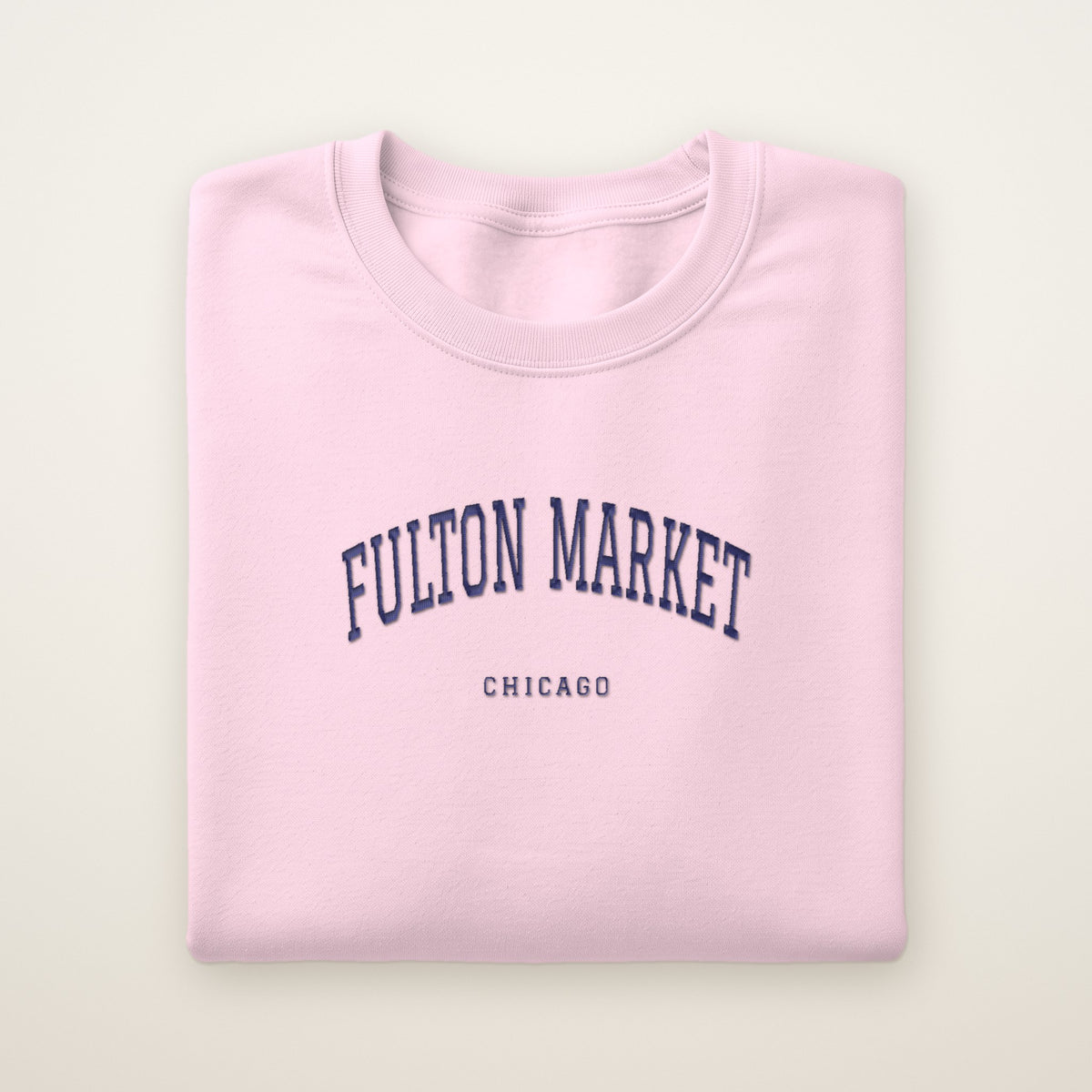 Fulton Market Chicago Embroidered Crewneck — Navy Thread on Light Pink