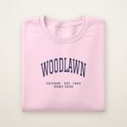 Woodlawn Chicago Home 2026 Embroidered Crewneck — Navy Thread on Light Pink