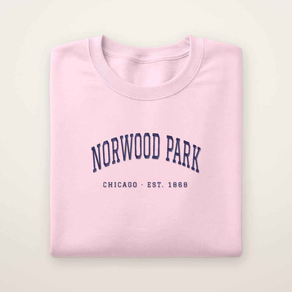 Norwood Park Chicago Embroidered Crewneck — Navy Thread on Light Pink
