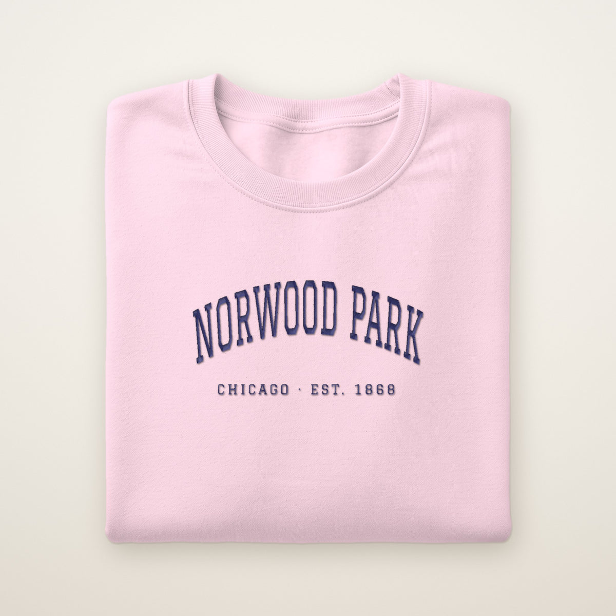 Norwood Park Chicago Embroidered Crewneck — Navy Thread on Light Pink
