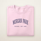 Morgan Park Chicago Embroidered Crewneck — Navy Thread on Light Pink