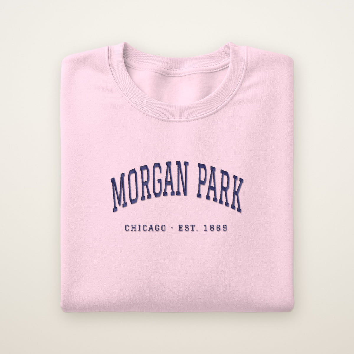 Morgan Park Chicago Embroidered Crewneck — Navy Thread on Light Pink