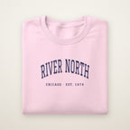 River North Chicago Embroidered Crewneck — Navy Thread on Light Pink