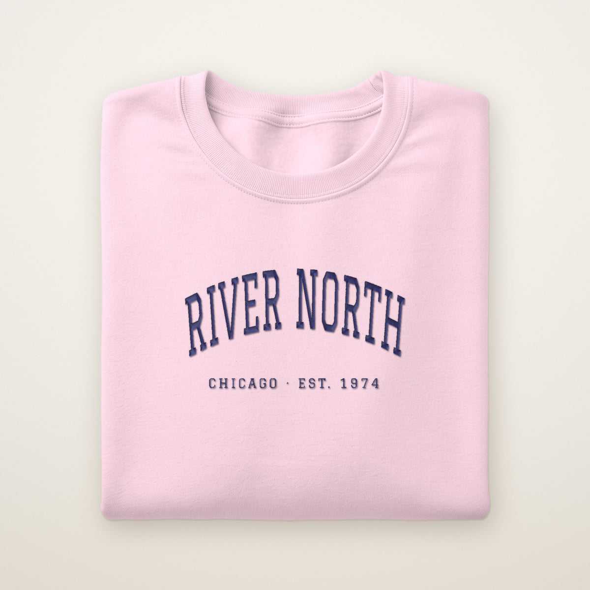 River North Chicago Embroidered Crewneck — Navy Thread on Light Pink