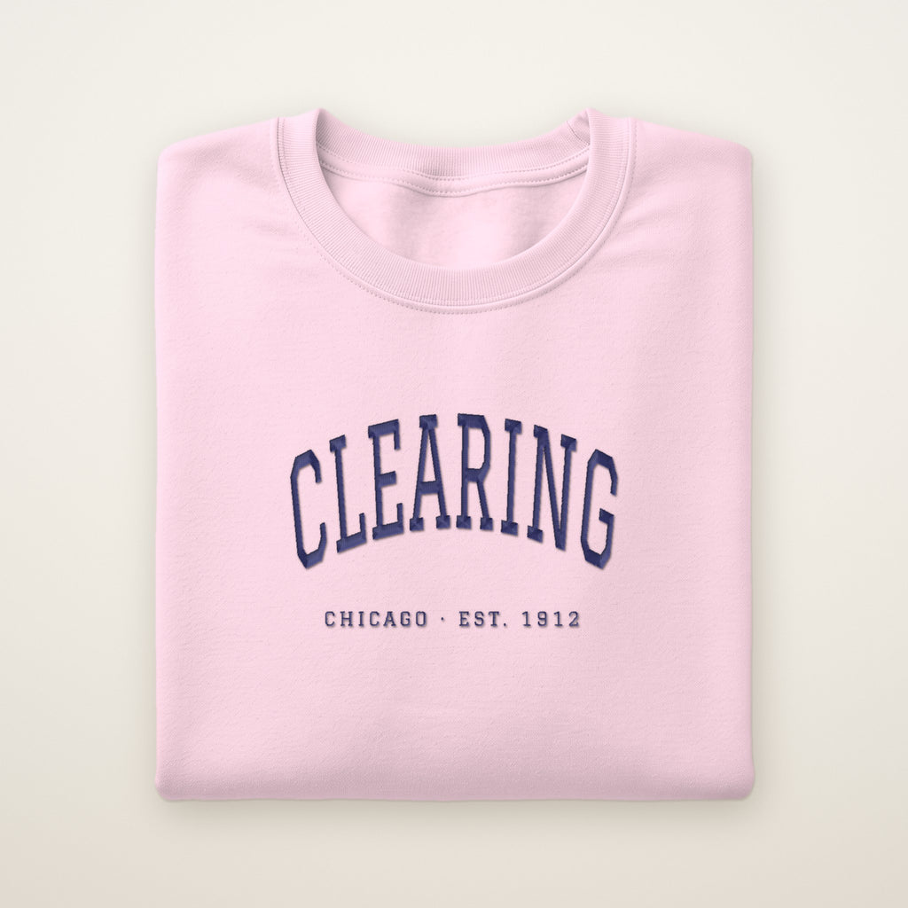 Clearing Chicago Embroidered Crewneck — Navy Thread on Light Pink