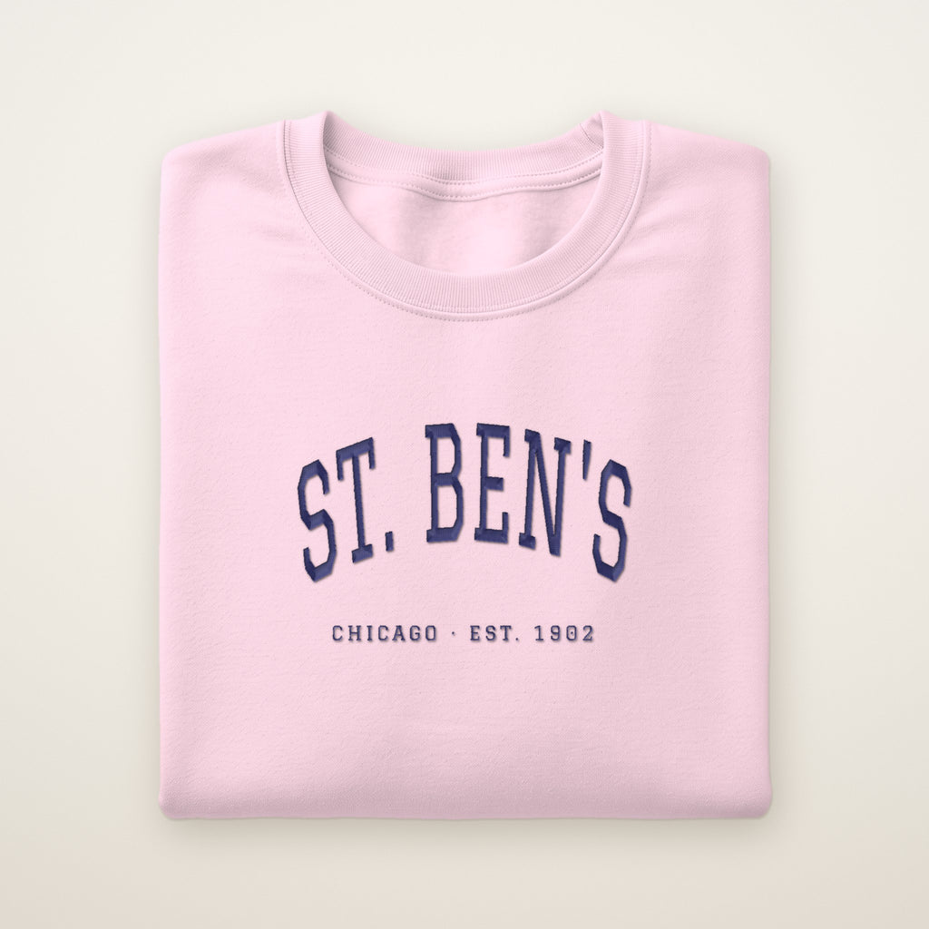 St. Ben's Chicago Embroidered Crewneck — Navy Thread on Light Pink