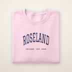 Roseland Chicago Embroidered Crewneck — Navy Thread on Light Pink