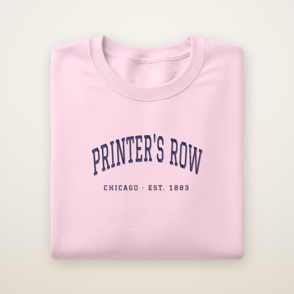 Printer's Row Chicago Embroidered Crewneck — Navy Thread on Light Pink