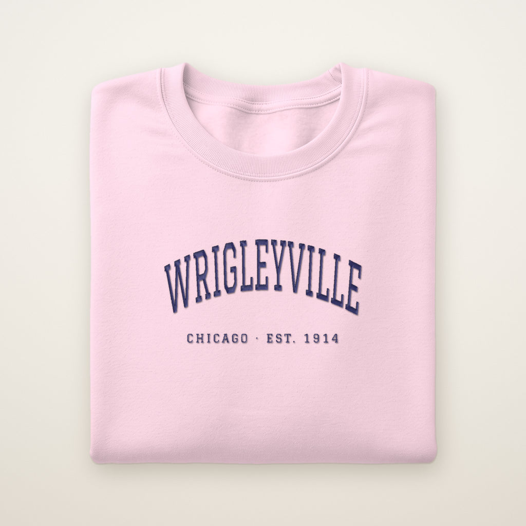 Wrigleyville Chicago Embroidered Crewneck — Navy Thread on Light Pink