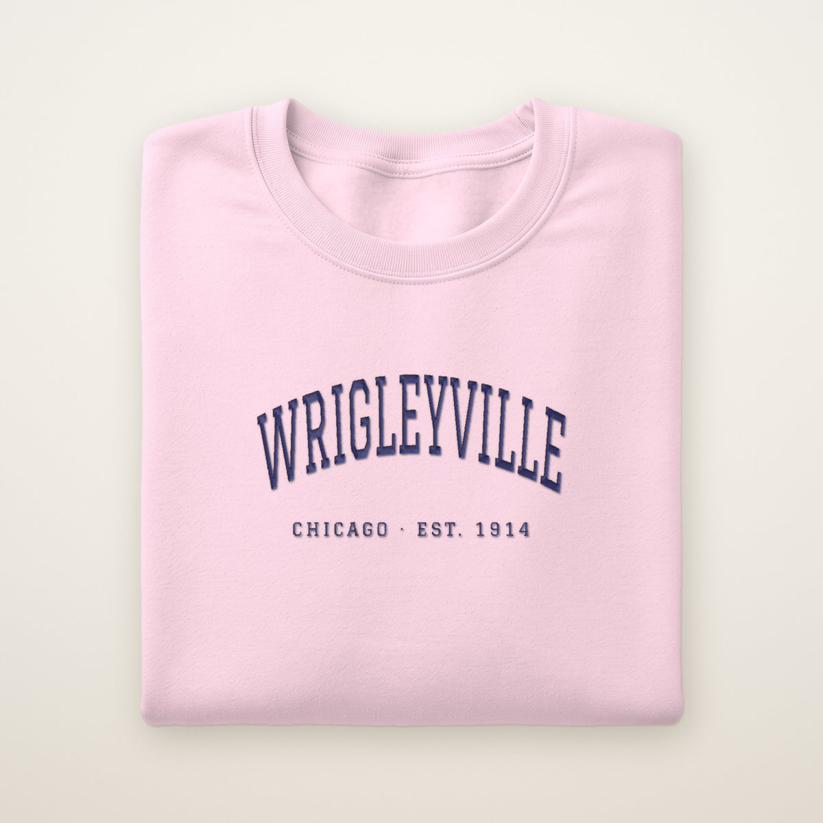 Wrigleyville Chicago Embroidered Crewneck — Navy Thread on Light Pink