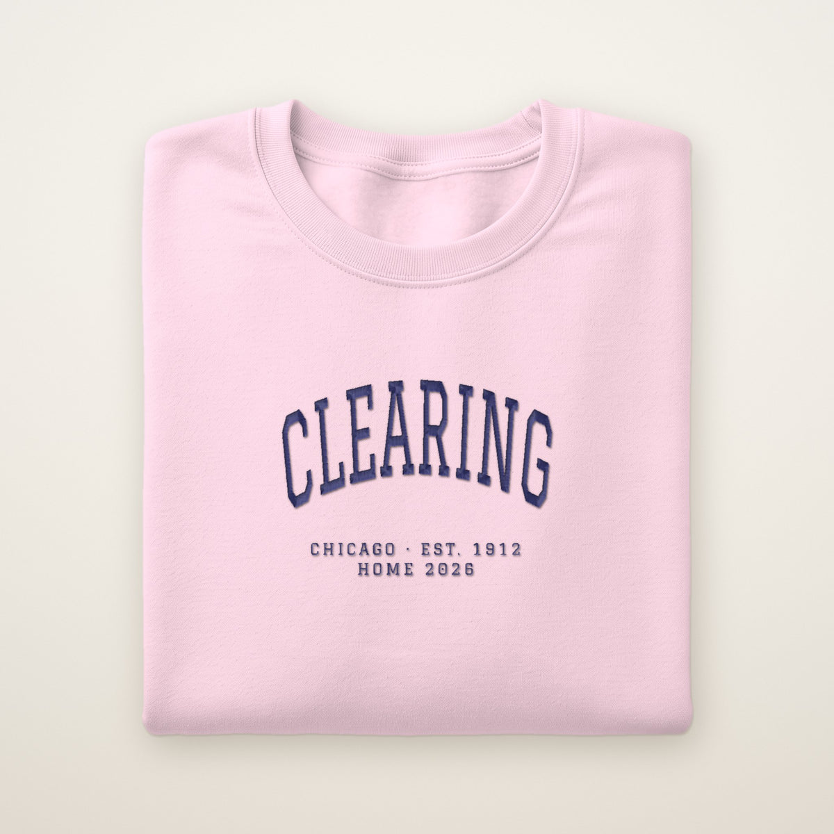 Clearing Chicago Home 2026 Embroidered Crewneck — Navy Thread on Light Pink