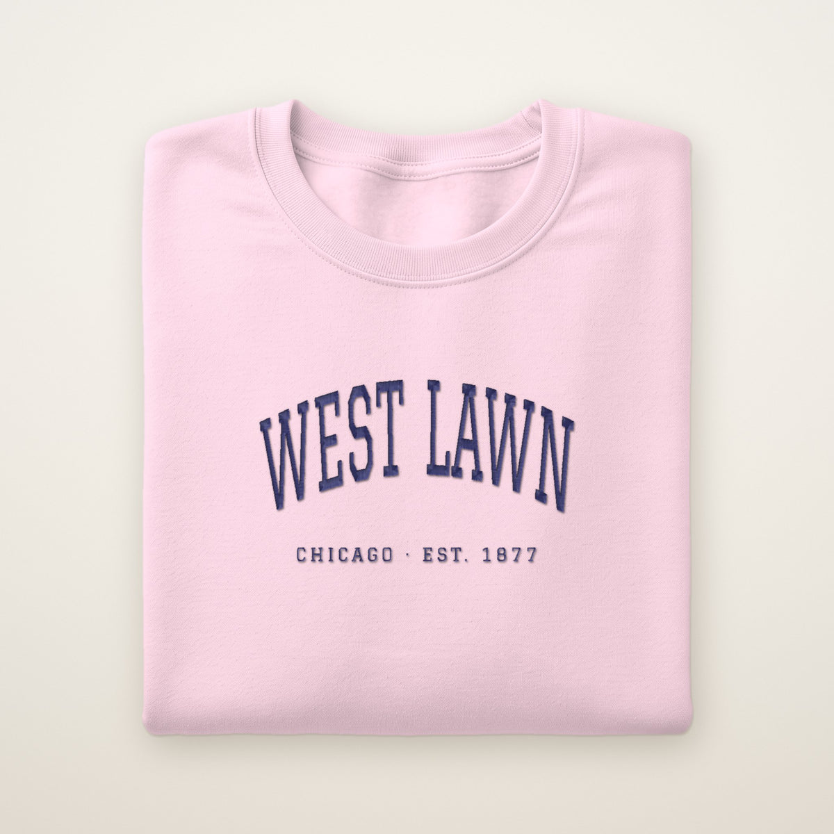 West Lawn Chicago Embroidered Crewneck — Navy Thread on Light Pink