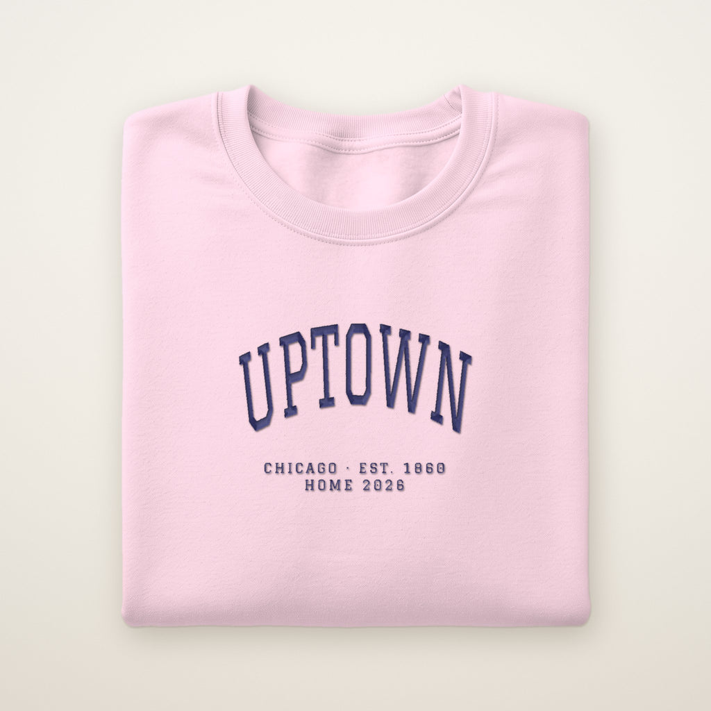 Uptown Chicago Home 2026 Embroidered Crewneck — Navy Thread on Light Pink