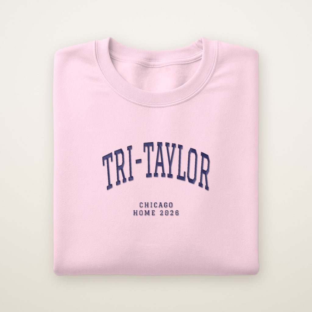 Tri-Taylor Chicago Home 2026 Embroidered Crewneck — Navy Thread on Light Pink
