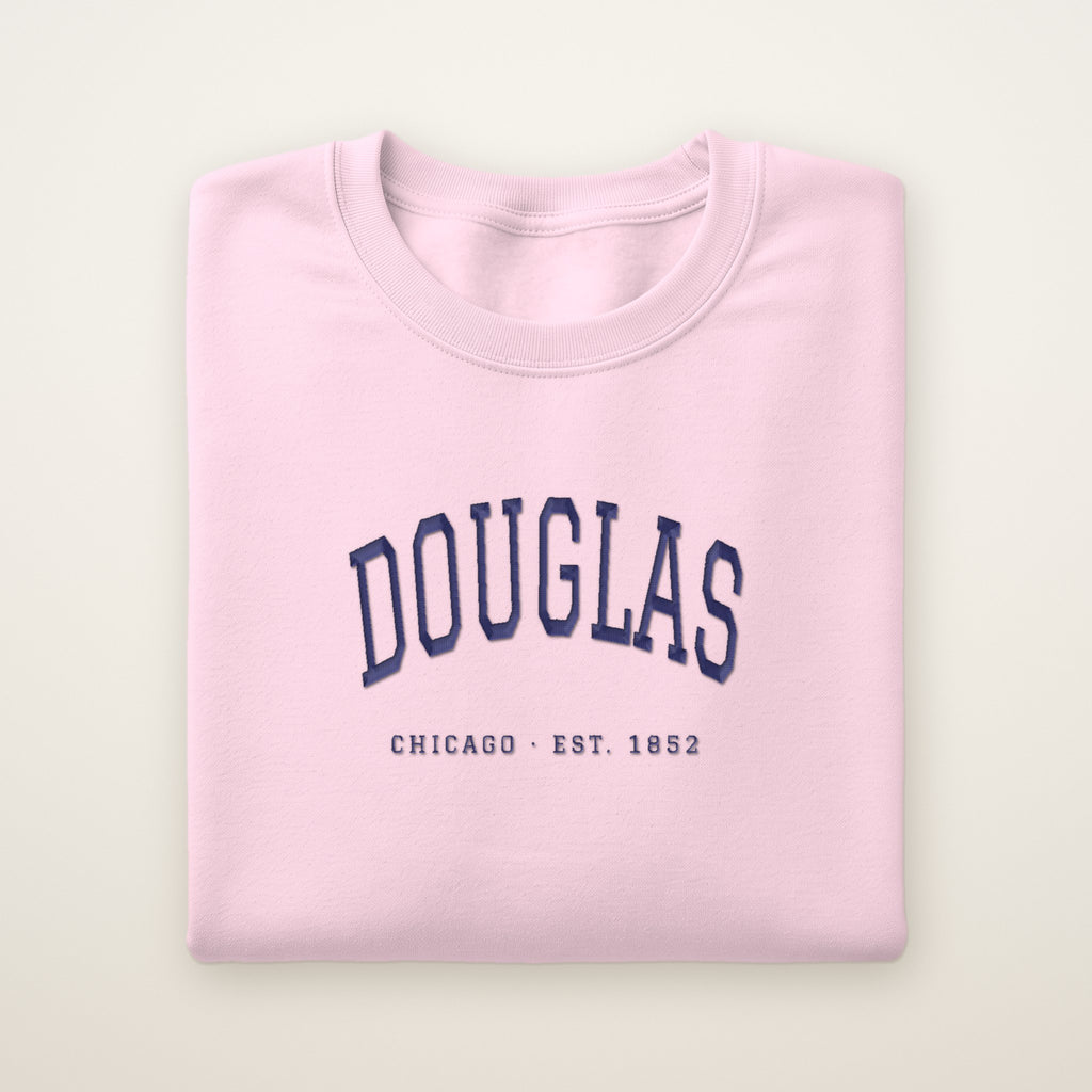 Douglas Chicago Embroidered Crewneck — Navy Thread on Light Pink