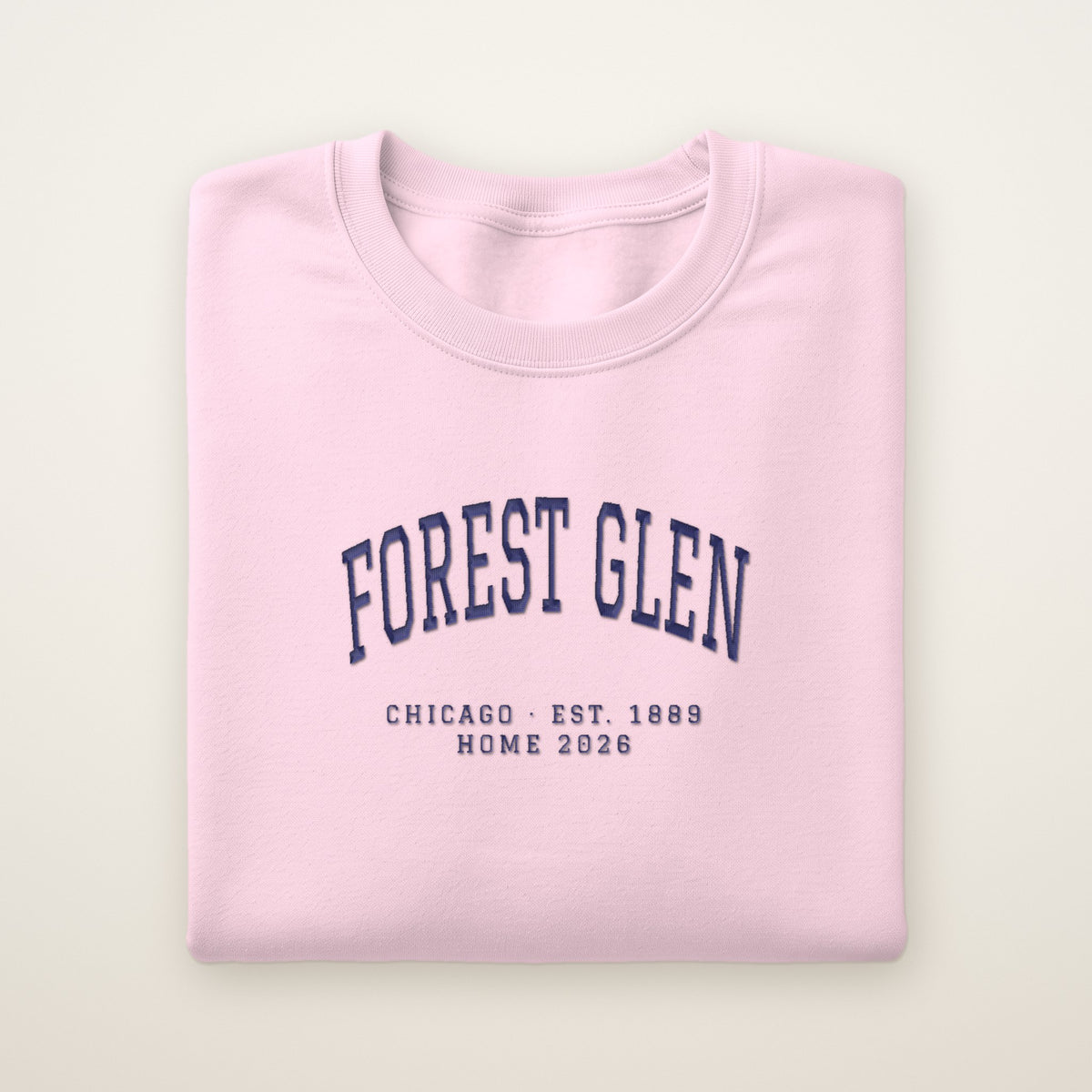 Forest Glen Chicago Home 2026 Embroidered Crewneck — Navy Thread on Light Pink