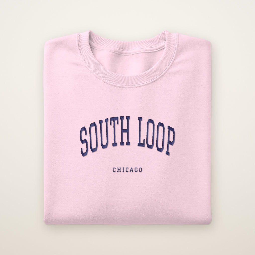 South Loop Chicago Embroidered Crewneck — Navy Thread on Light Pink