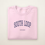 South Loop Chicago Embroidered Crewneck — Navy Thread on Light Pink