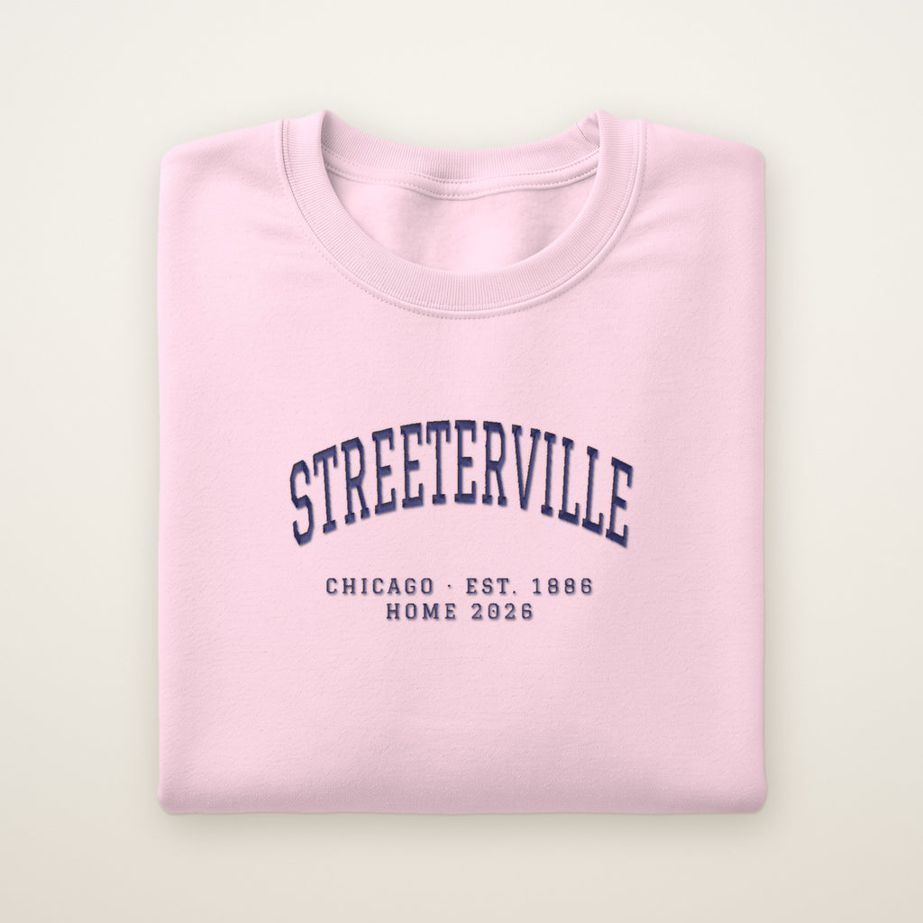 Streeterville Chicago Home 2026 Embroidered Crewneck — Navy Thread on Light Pink