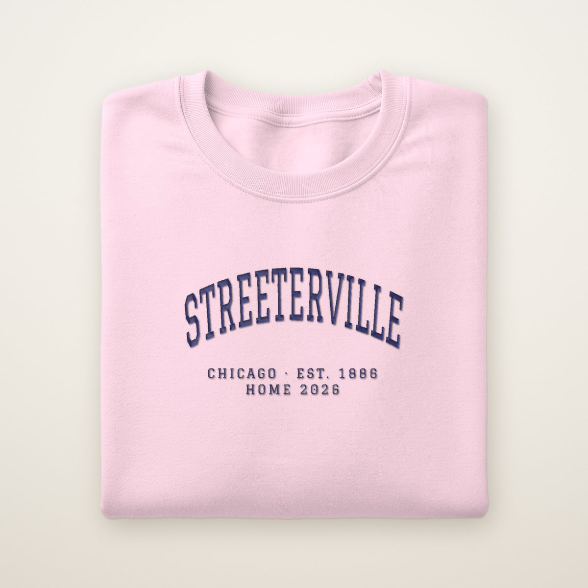 Streeterville Chicago Home 2026 Embroidered Crewneck — Navy Thread on Light Pink