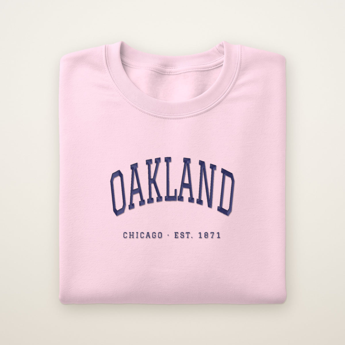 Oakland Chicago Embroidered Crewneck — Navy Thread on Light Pink