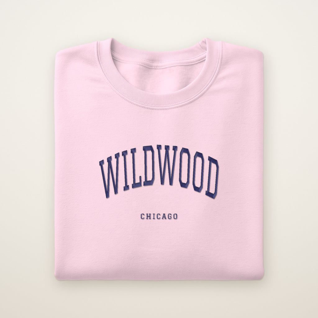Wildwood Chicago Embroidered Crewneck — Navy Thread on Light Pink