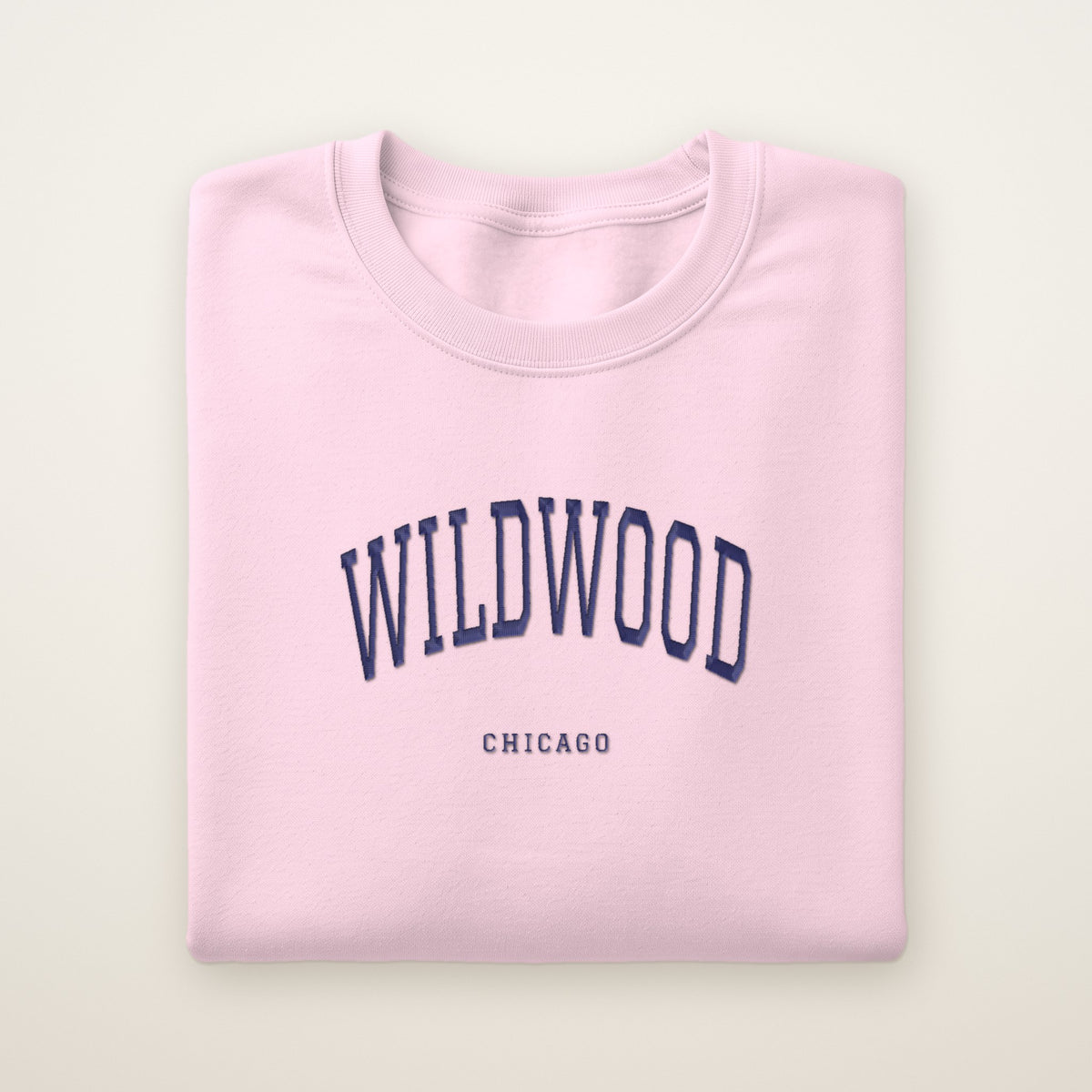 Wildwood Chicago Embroidered Crewneck — Navy Thread on Light Pink