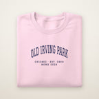 Old Irving Park Chicago Home 2026 Embroidered Crewneck — Navy Thread on Light Pink