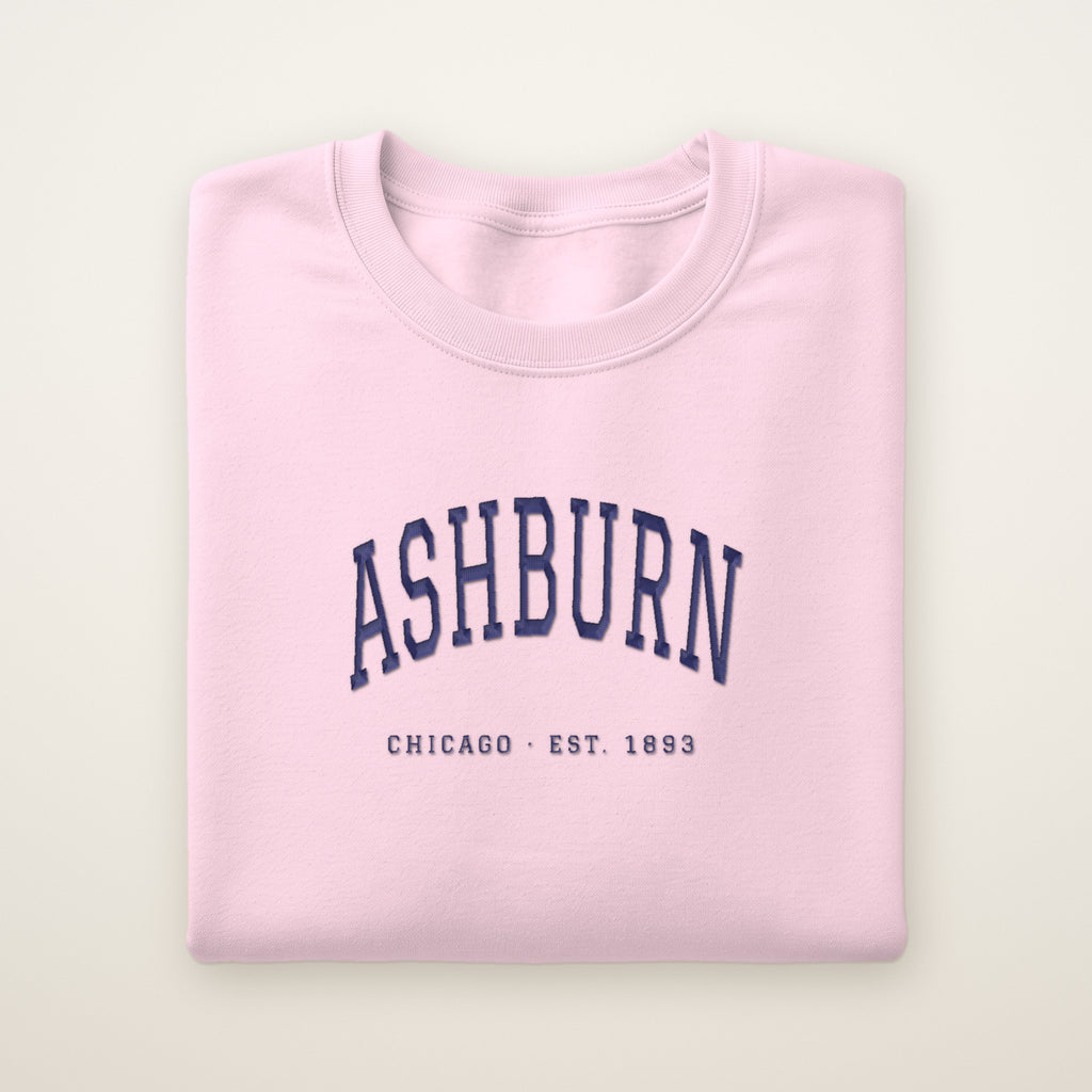 Ashburn Chicago Embroidered Crewneck — Navy Thread on Light Pink