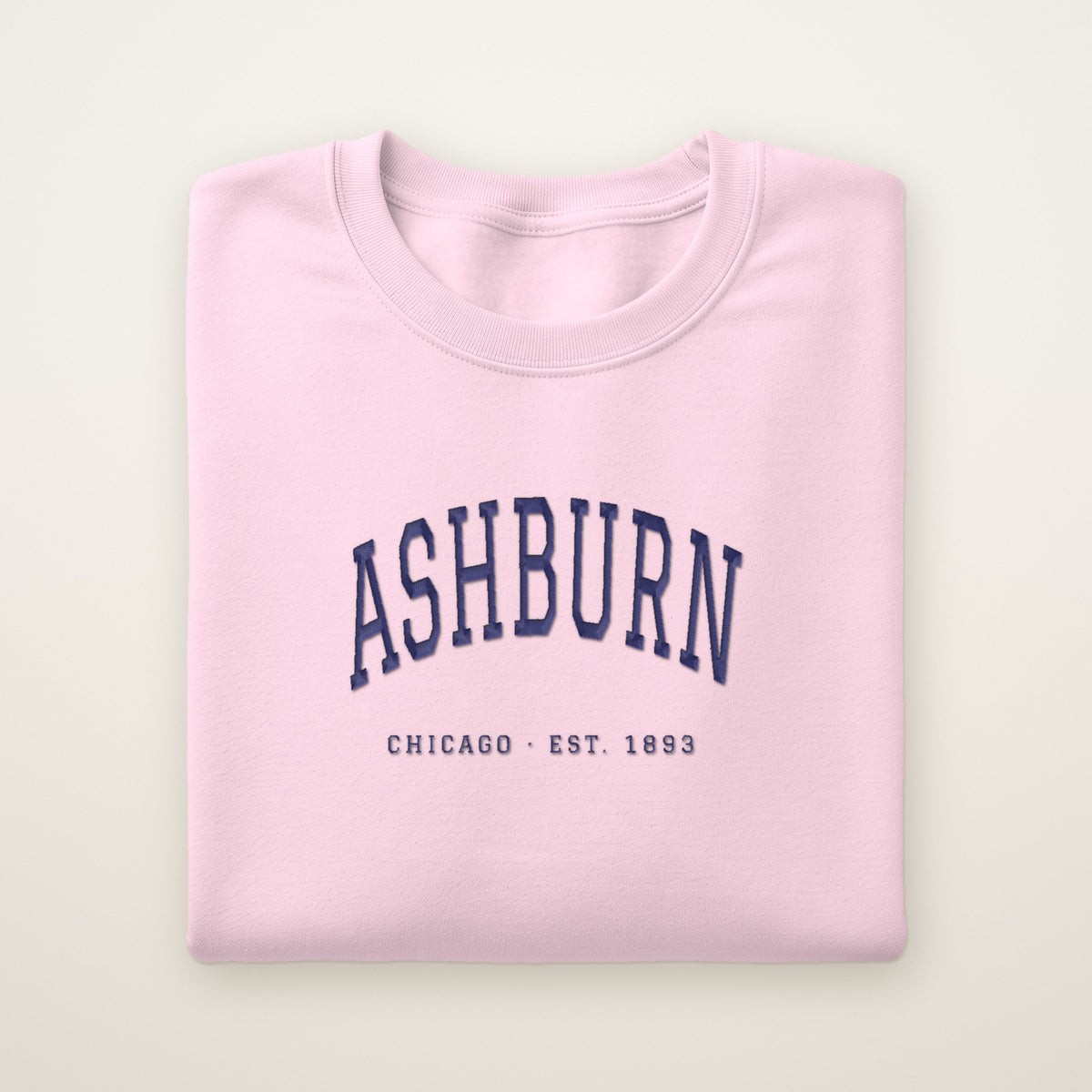 Ashburn Chicago Embroidered Crewneck — Navy Thread on Light Pink
