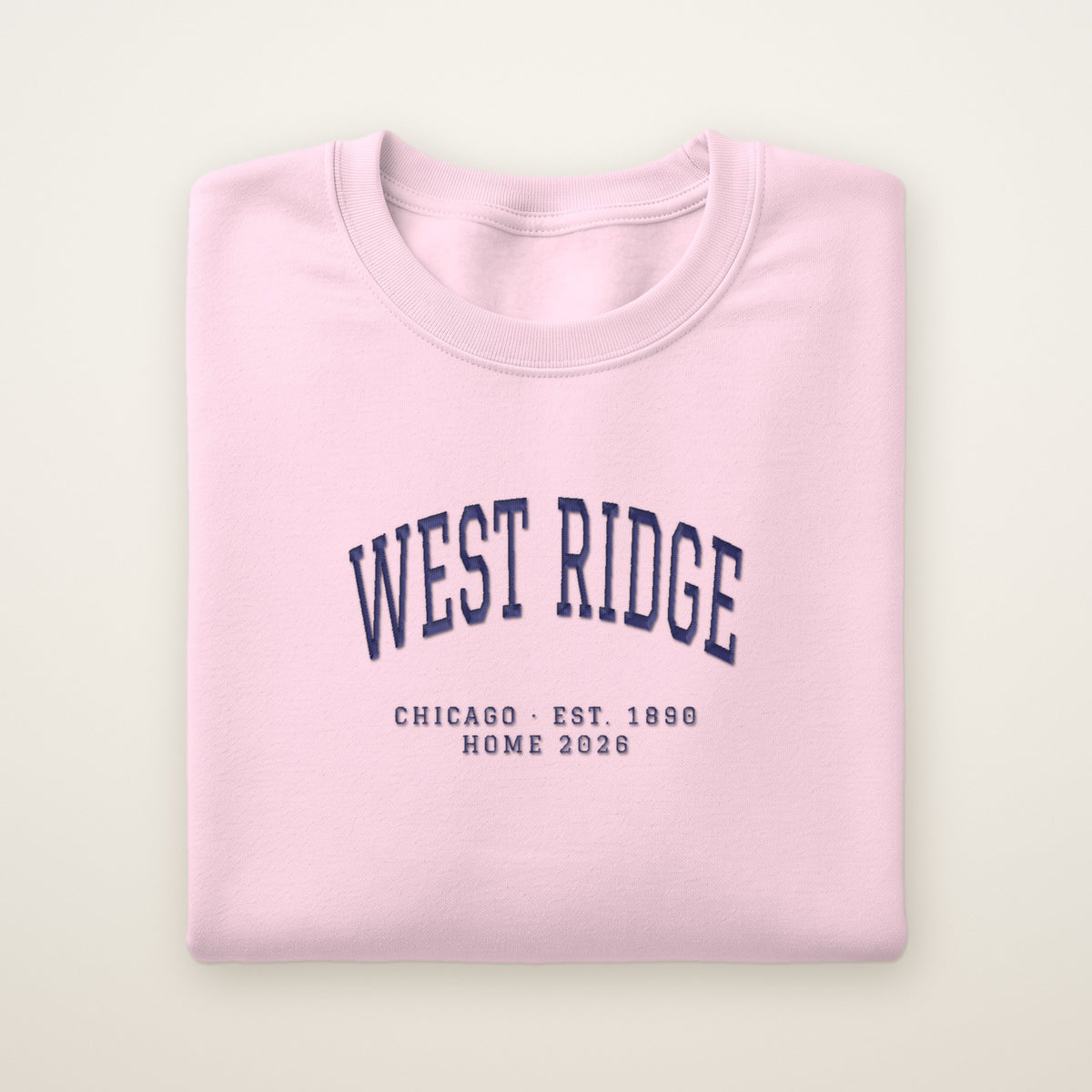 West Ridge Chicago Home 2026 Embroidered Crewneck — Navy Thread on Light Pink