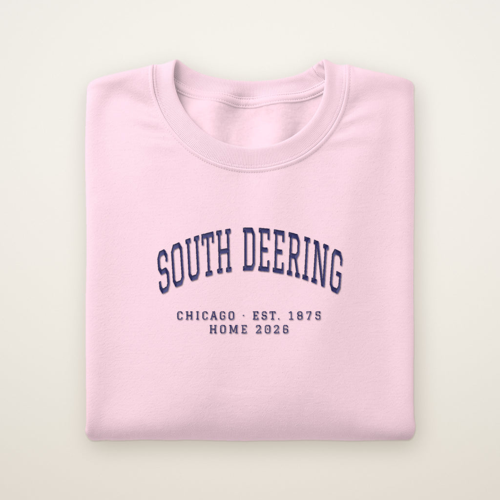 South Deering Chicago Home 2026 Embroidered Crewneck — Navy Thread on Light Pink