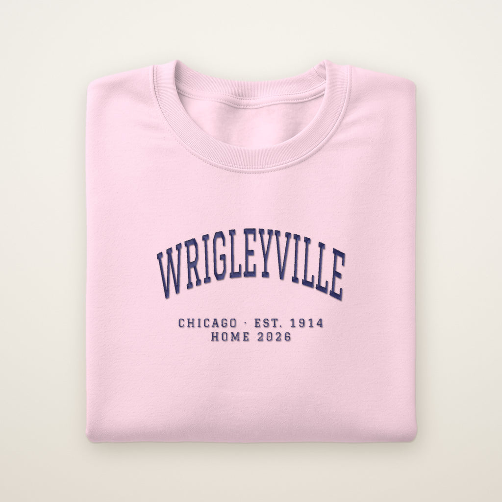 Wrigleyville Chicago Home 2026 Embroidered Crewneck — Navy Thread on Light Pink