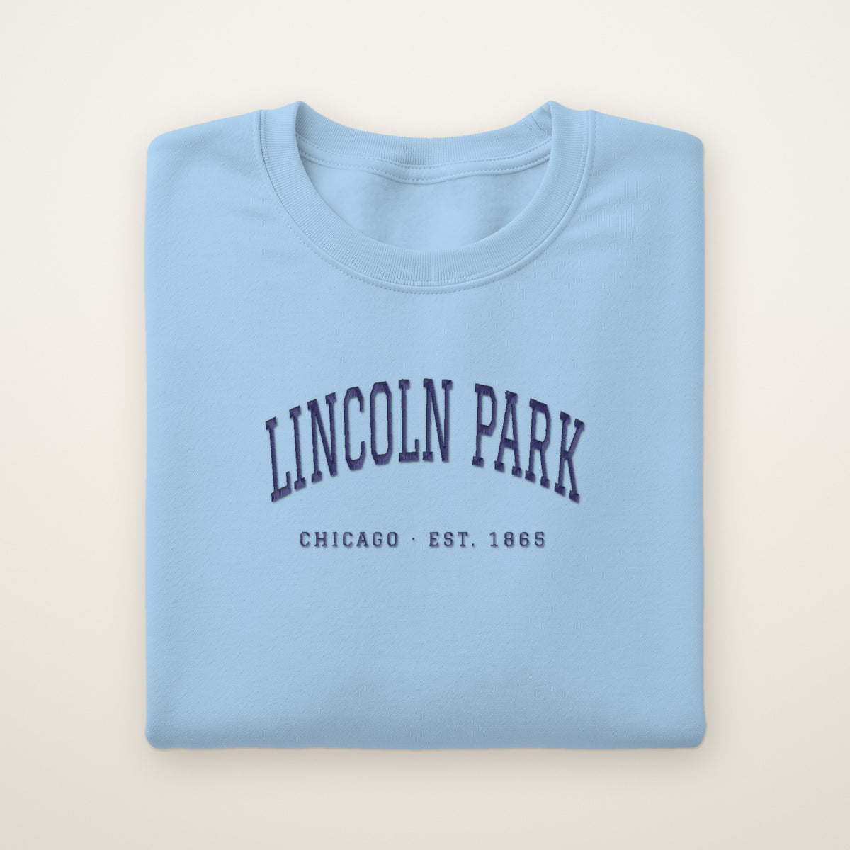 Lincoln Park Chicago embroidered crewneck sweatshirt, Light Blue, navy embroidery