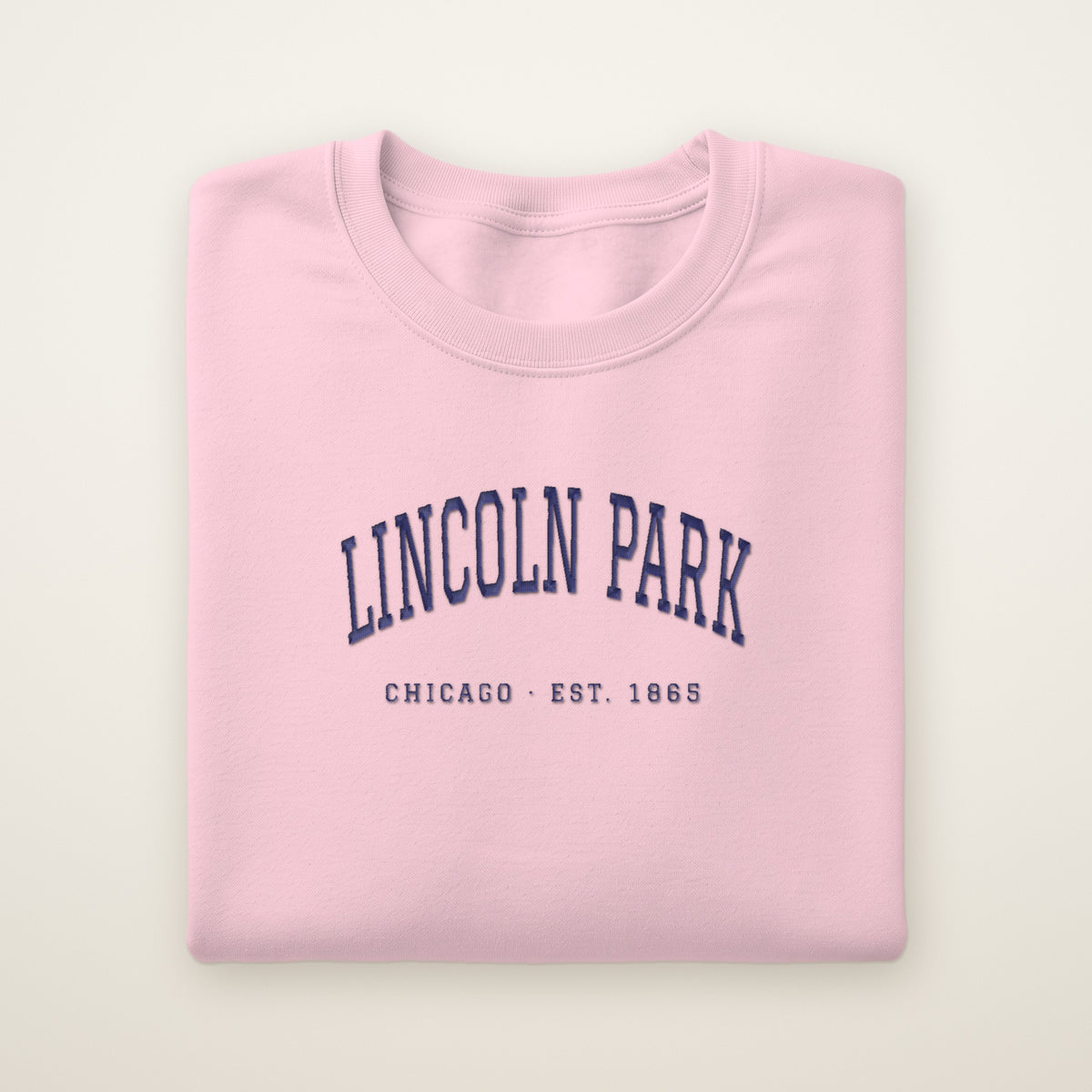 Lincoln Park Chicago embroidered crewneck sweatshirt, Light Pink, navy embroidery