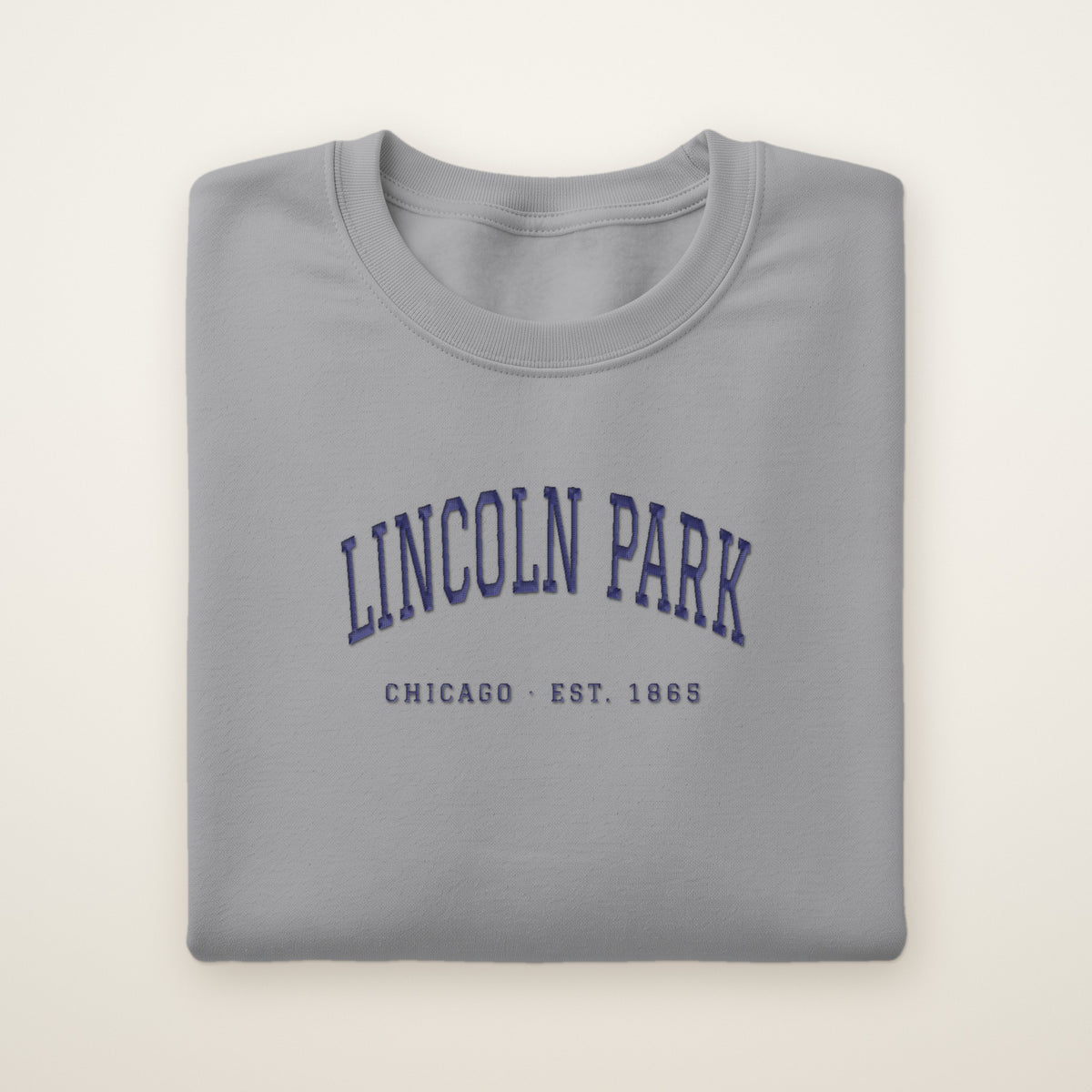 Lincoln Park Chicago embroidered crewneck sweatshirt, Sport Grey, navy embroidery