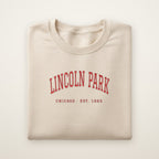 Lincoln Park Chicago embroidered crewneck sweatshirt, Sand, red embroidery