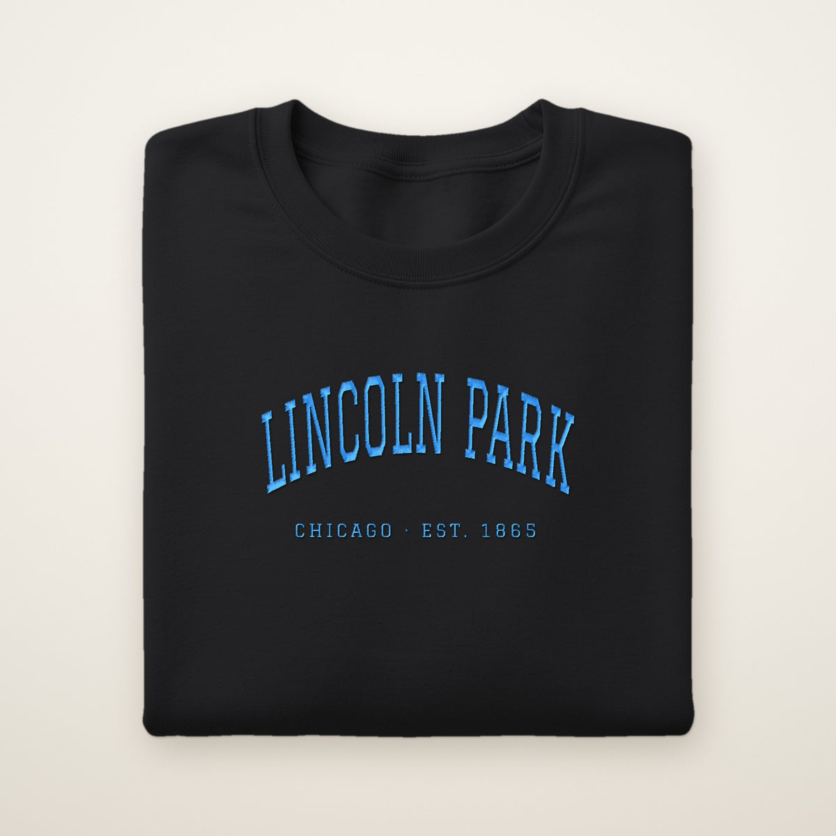 Lincoln Park Chicago embroidered crewneck sweatshirt, Black, sky blue embroidery