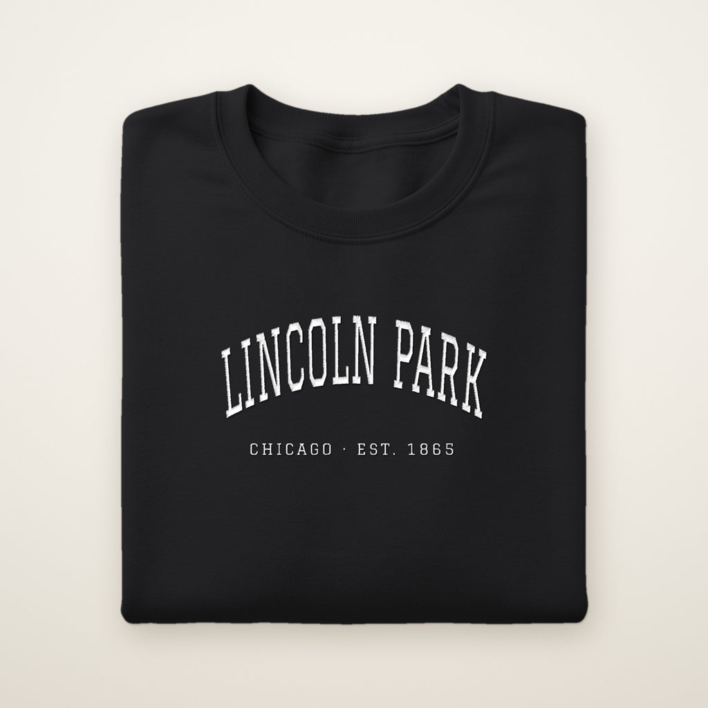 Lincoln Park Chicago embroidered crewneck sweatshirt, Black, white embroidery