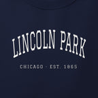 Close-up of white satin-stitch Lincoln Park embroidery