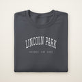 Lincoln Park Chicago embroidered crewneck sweatshirt, Dark Heather, white embroidery