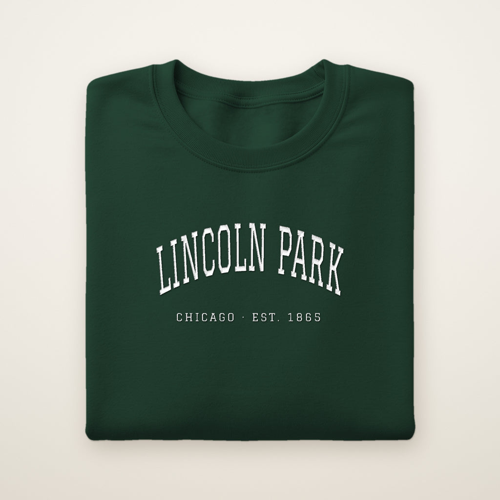 Lincoln Park Chicago embroidered crewneck sweatshirt, Forest Green, white embroidery