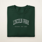 Lincoln Park Chicago embroidered crewneck sweatshirt, Forest Green, white embroidery