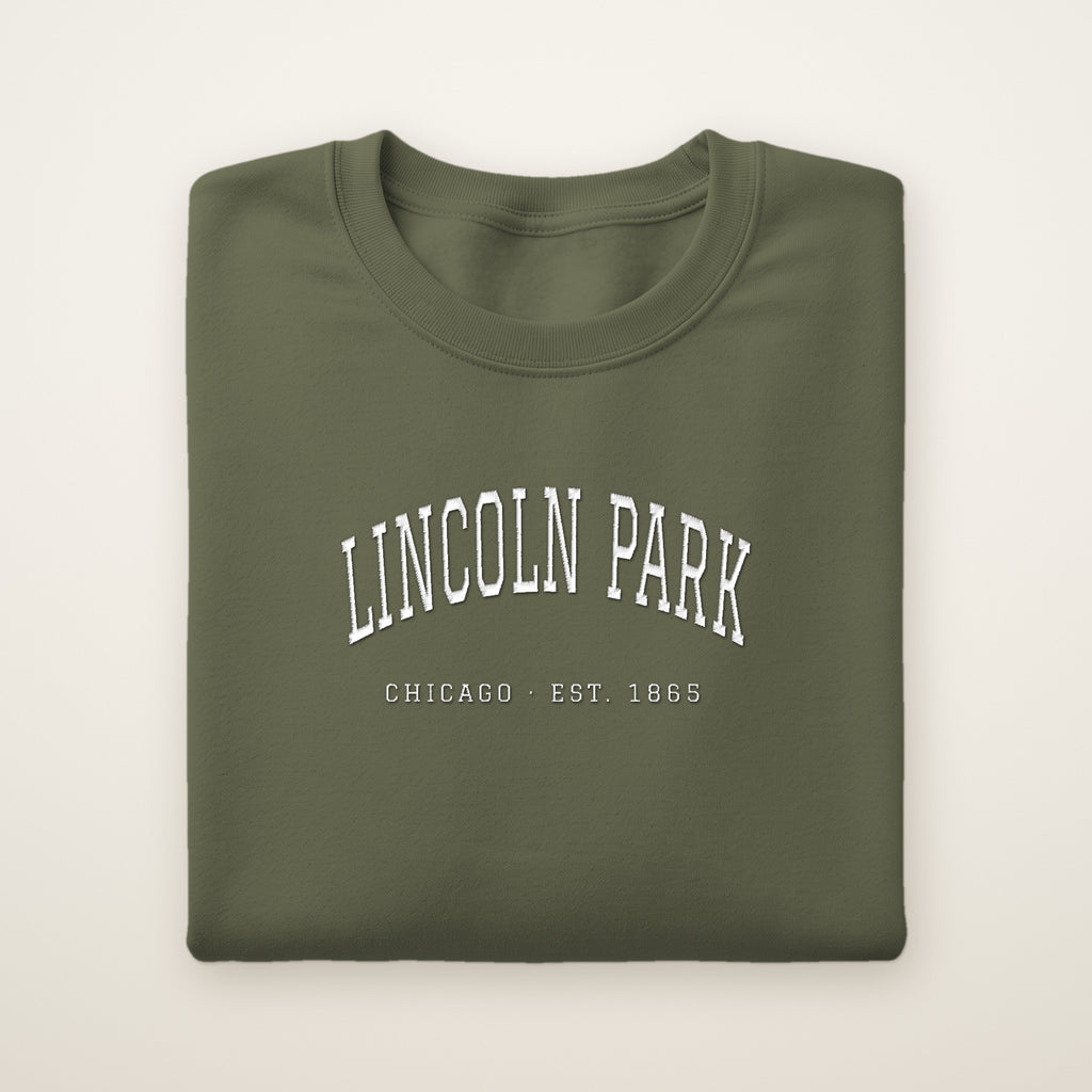 Lincoln Park Chicago embroidered crewneck sweatshirt, Military Green, white embroidery