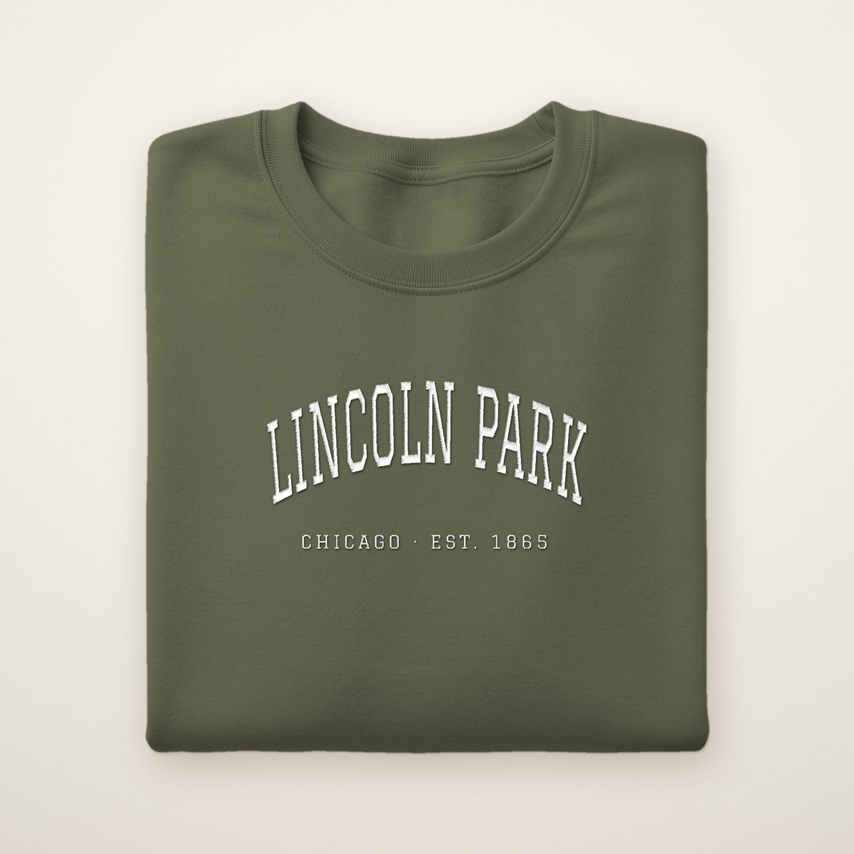 Lincoln Park Chicago embroidered crewneck sweatshirt, Military Green, white embroidery
